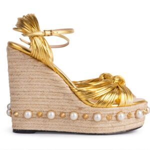 Gucci Barbette Knotted Leather Gold Metallic Pearl Platform Wedge Sandals
